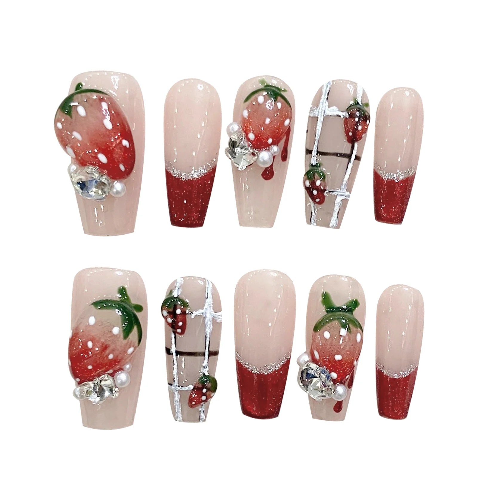 Handmade Press on Nails 3D Sweet Strawberry Crystal Design Fake Nails Shiny Red French Long Ballet Coffin False Nail Tips 10pcs Peaceful Pleasures Health and Wellness L