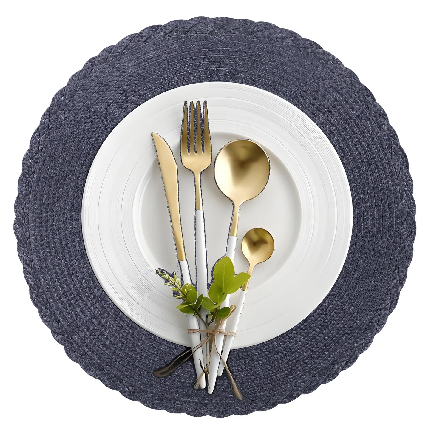 6Pc Round Braided Table Mat with 6Pc Cup Coasters Heat Resistant Washable Non Slip Placemats for Kitchen Dining Tables Pads Peaceful Pleasures Health and Wellness B Navy 33.5CM and 10CM