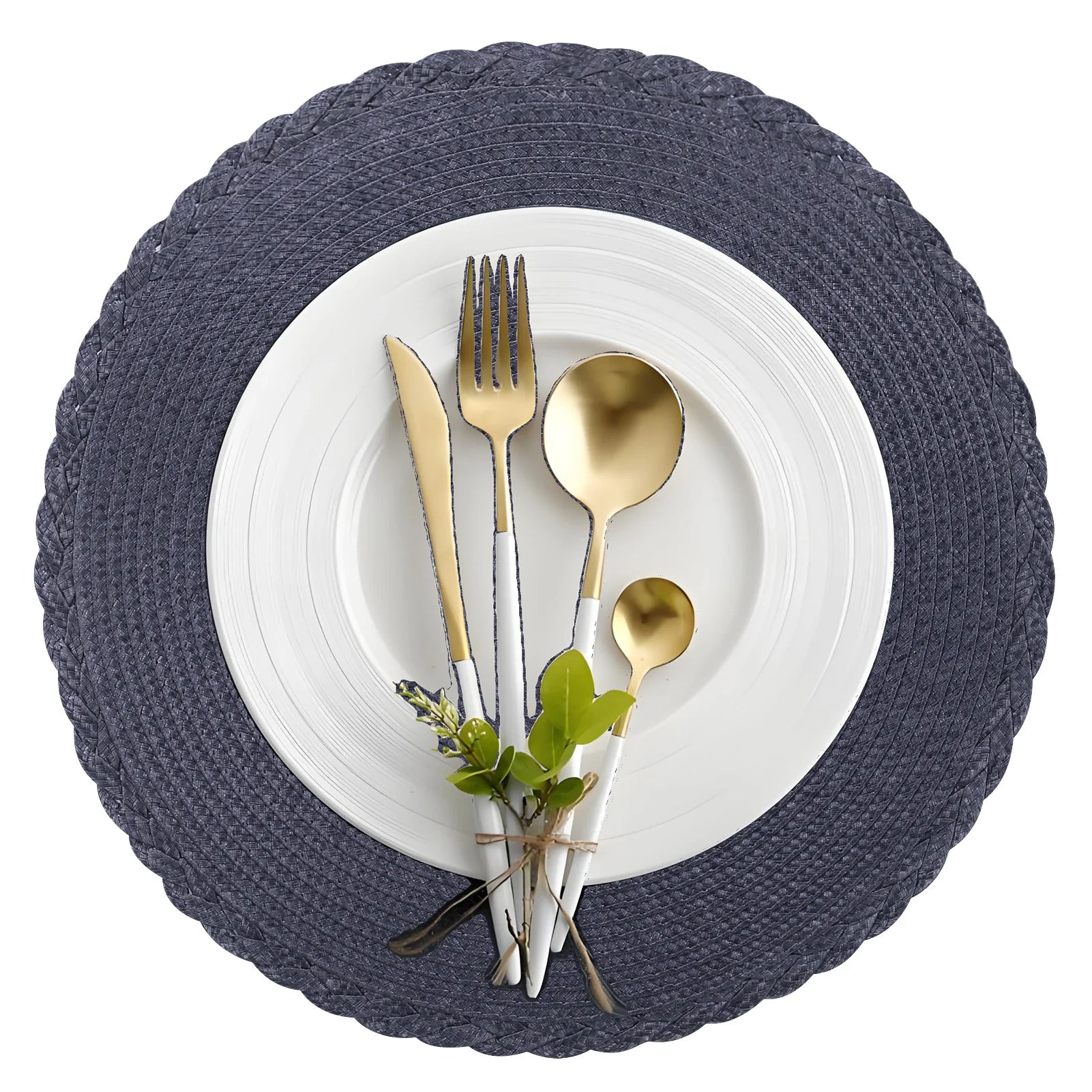 6Pc Round Braided Table Mat with 6Pc Cup Coasters Heat Resistant Washable Non Slip Placemats for Kitchen Dining Tables Pads Peaceful Pleasures Health and Wellness B Navy 33.5CM and 10CM