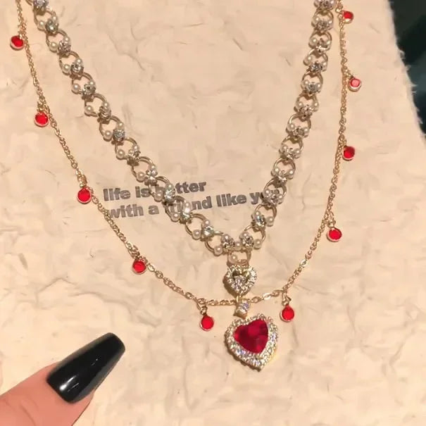 Red Heart-shaped Pearl Double-layered Necklace Creative Princess's Necklace Light Luxury and High-end New Year Collarbone Chain Peaceful Pleasures Health and Wellness