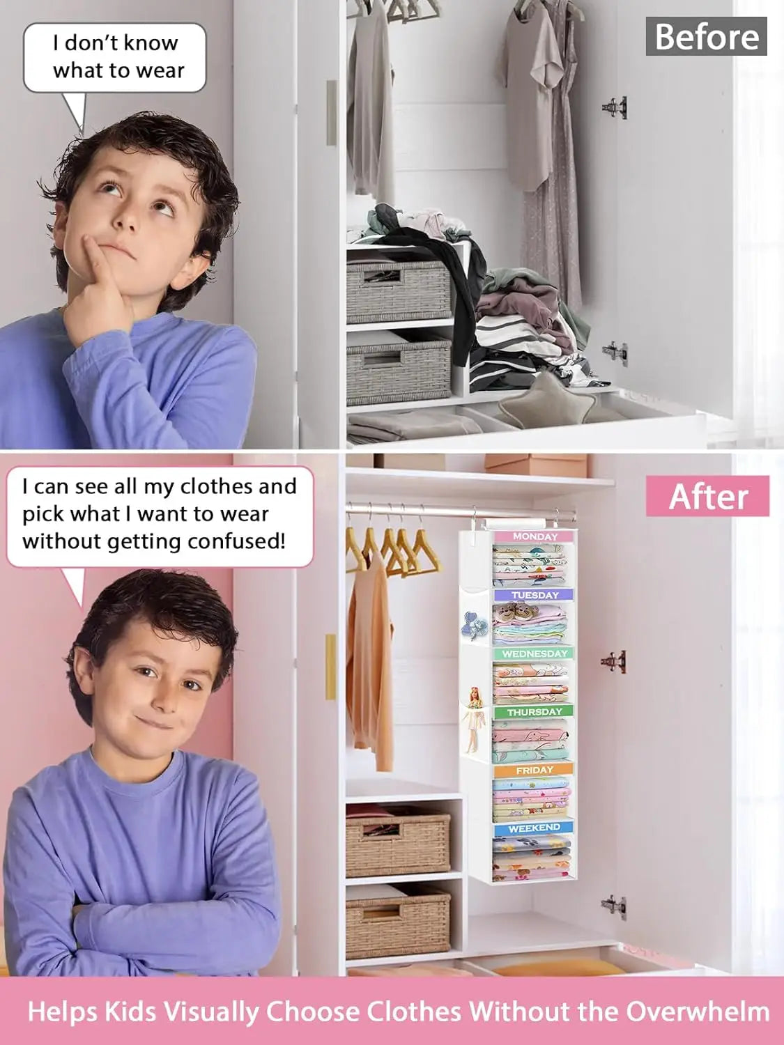 Before and after comparison of a child choosing clothes with a visual aid.