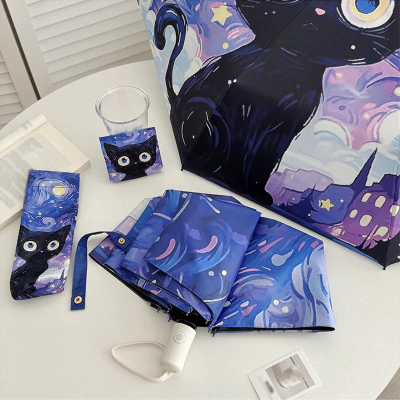 Cartoon Cat Purple Folding UV Umbrella – Auto Open & Close