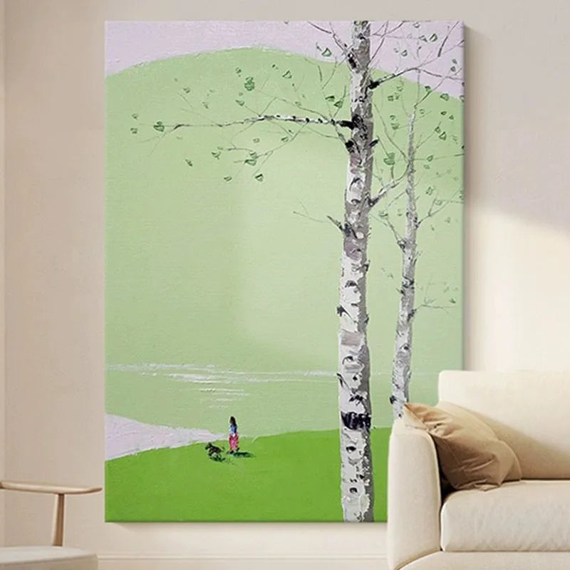 Abstract Mountain Peak Scenery Living Room Modern Minimalist White Birch Tree Decoration Painting Green Picture Entrance Room Peaceful Pleasures Health and Wellness
