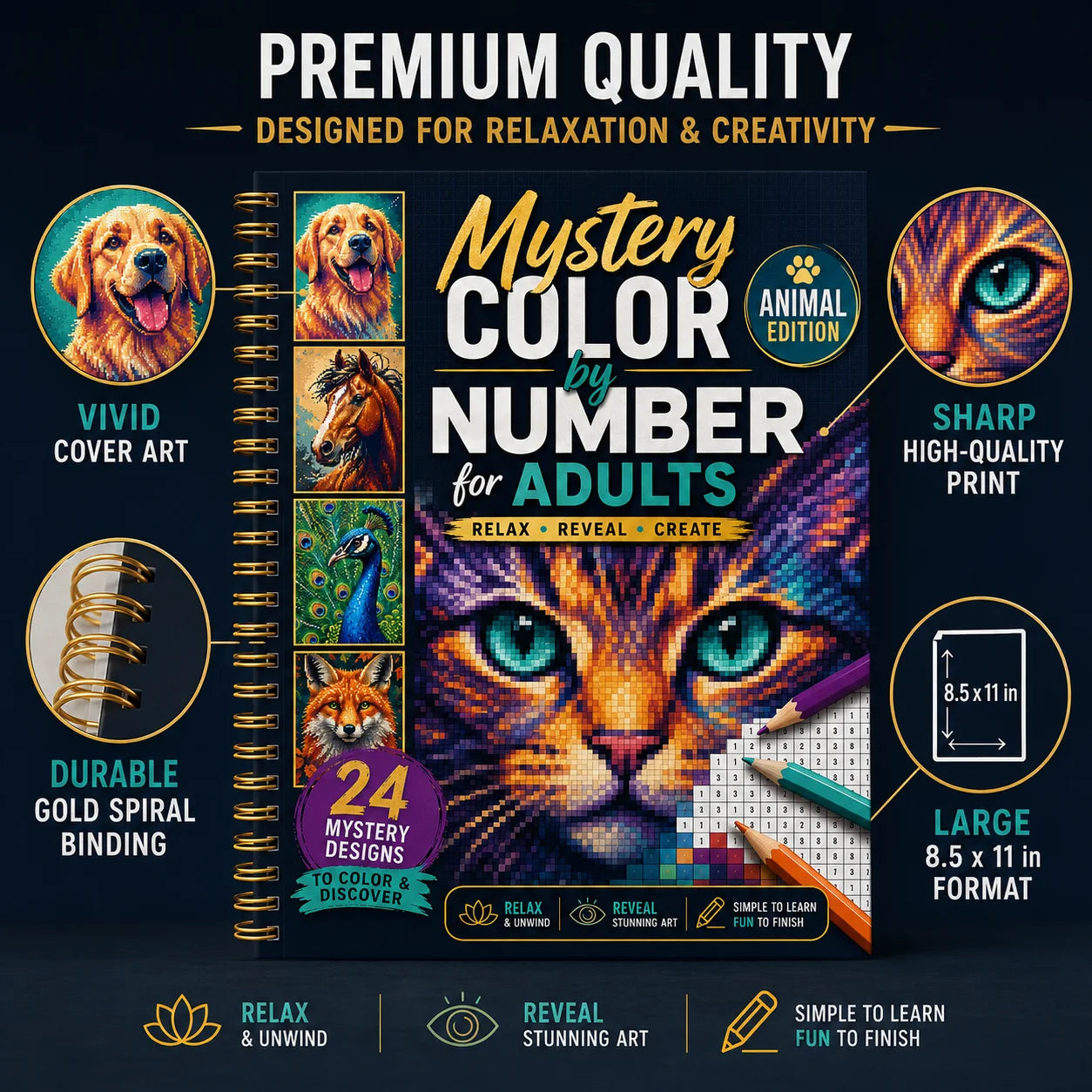 Mystery Number Adults A4 Spiral Coloring Book Animal Edition 24