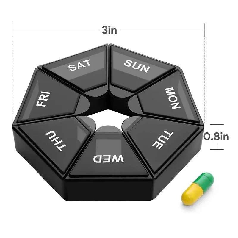 Weekly 7-day Pill Organizer Portable Travel Pill Box Multifunctional Small Medicine Case Black Peaceful Pleasures Health and Wellness
