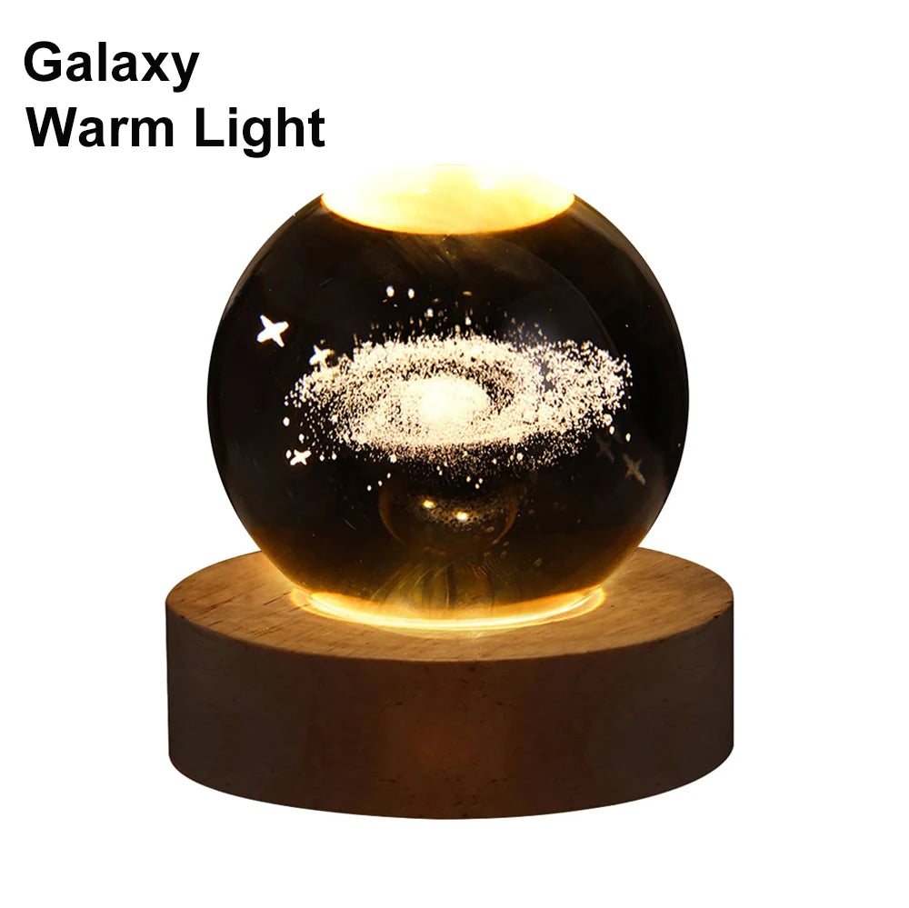 6cm Bedside RGB Lamp Solar Theme Cosmos Series Crystal Ball Night Lights Milky Way Moon Small Ornaments for Desk Creative Gift Peaceful Pleasures Health and Wellness Galaxy-Warm Light USB Plug
