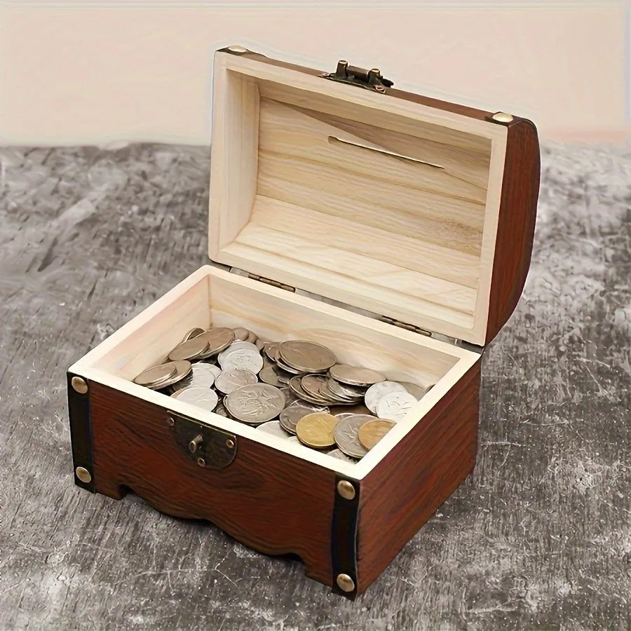 Vintage Wooden Piggy Bank with Lock, Retro Treasure Chest Coin Saving Box for Kids, Home Decor Money Storage Organizer Peaceful Pleasures Health and Wellness