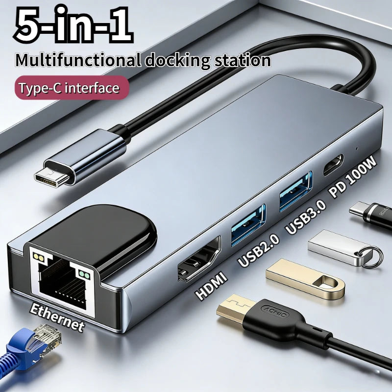 Type-C To 5/8Ports Docking Station HDMI 4K/RJ45 100M PD Splitter USB 3.0 5Gbps High Speed USB C HUB Adapter For Laptop Macbook Peaceful Pleasures Health and Wellness
