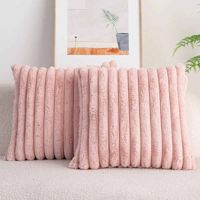 Faux Rabbit Fur Square Cushion Cover Big Thick Striped Super Soft Solid Color Pillow Cover 45x45cm Sofa Decor Cushion Cover Peaceful Pleasures Health and Wellness pink