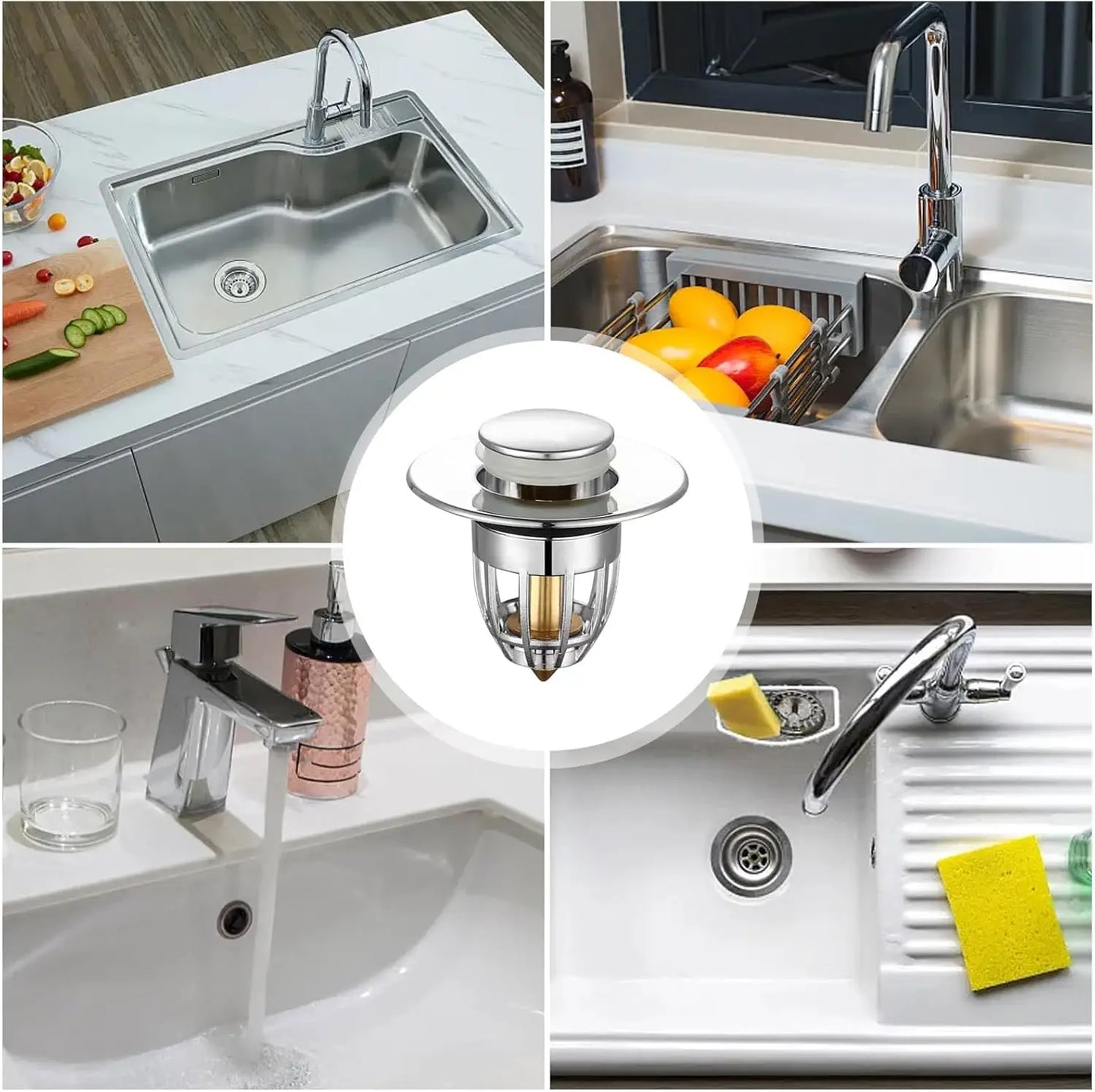 Bathroom Sink Stopper - for Standard Drain Holes, Pop Up Sink Strainer, Bullet Core Push Type Stainless Steel Plug Peaceful Pleasures Health and Wellness
