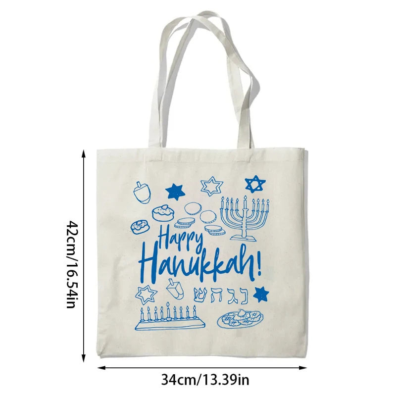 Happy Hanukkah Canvas Tote Bag | Reusable Jewish Holiday Gift Holiday Canvas Tote Bag Peaceful Pleasures Health and Wellness Tote Bag 34x42cm