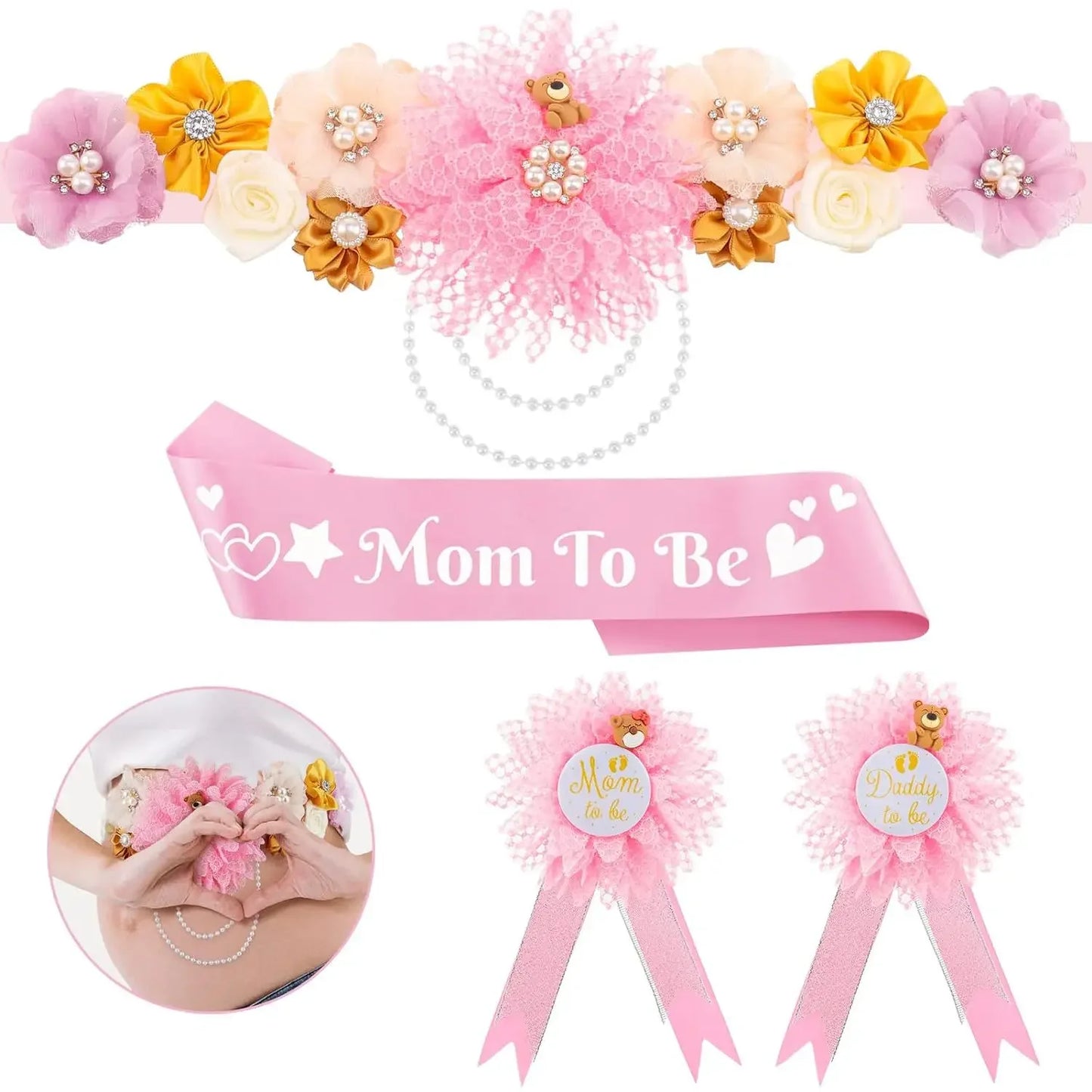 Flower Maternity Sash Set – Baby Shower Mom & Dad Corsage Pin