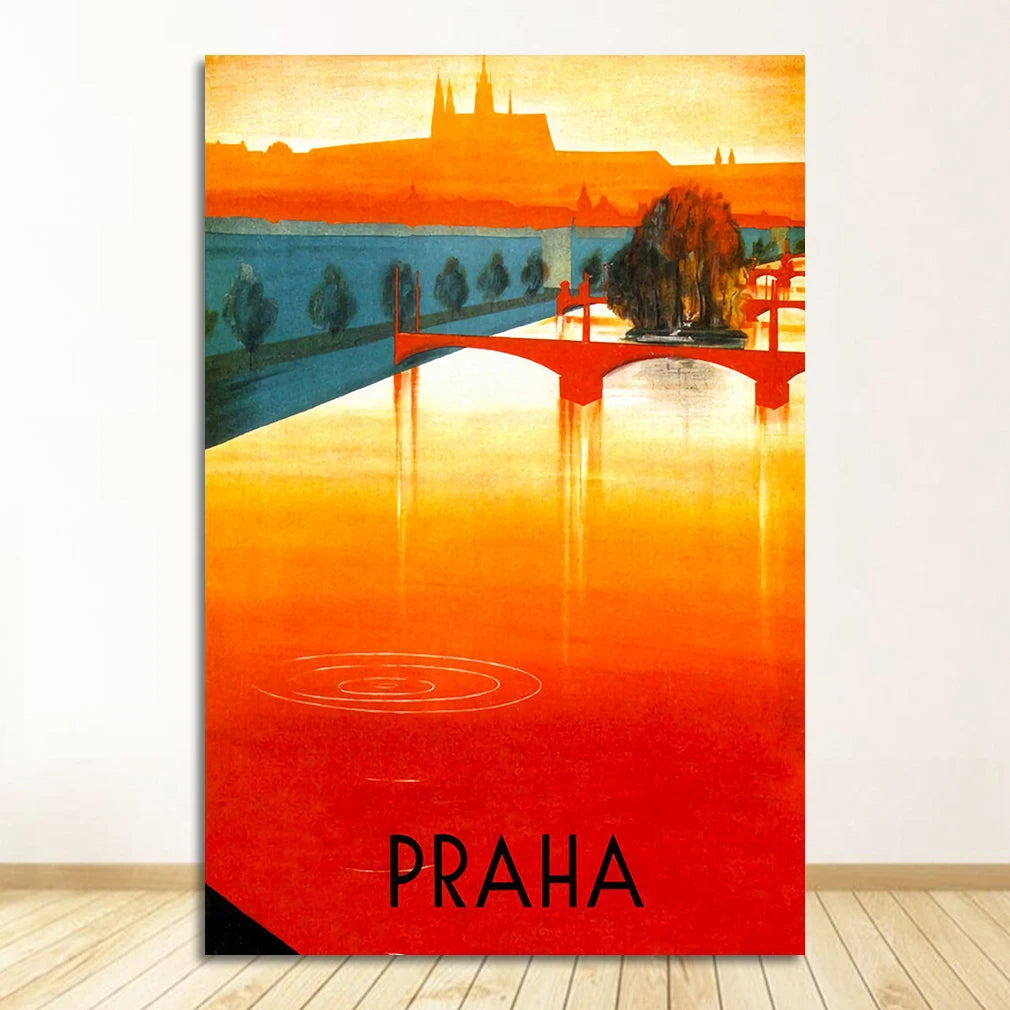 Prague Czech Republic Vintage Travel Canvas Wall Art Poster