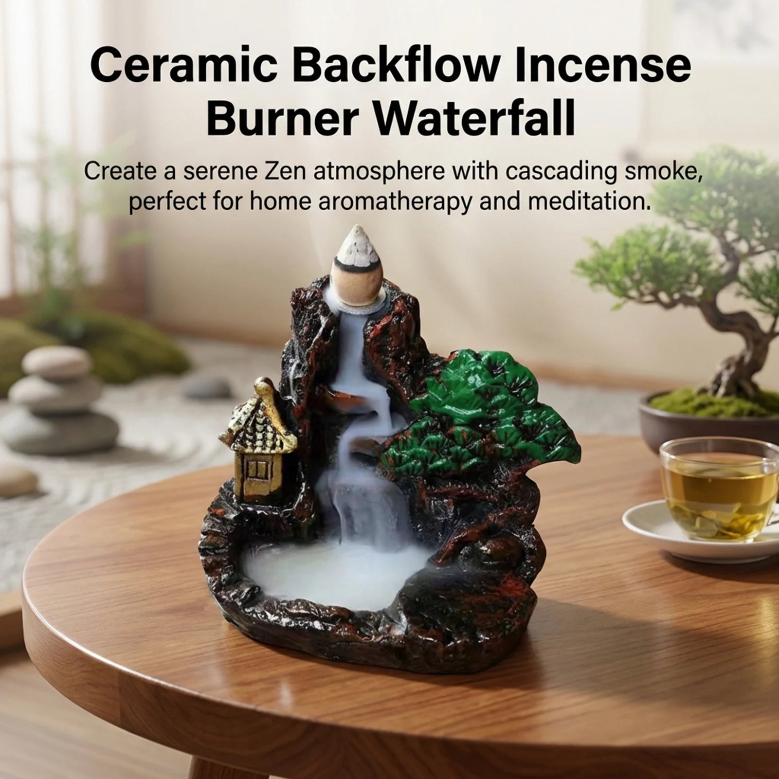 Resin Ceramic Backflow Incense Burners Home Decor Diffuser with Unique Smoke Downward Flow Design for Living Room Bedroom Peaceful Pleasures Health and Wellness