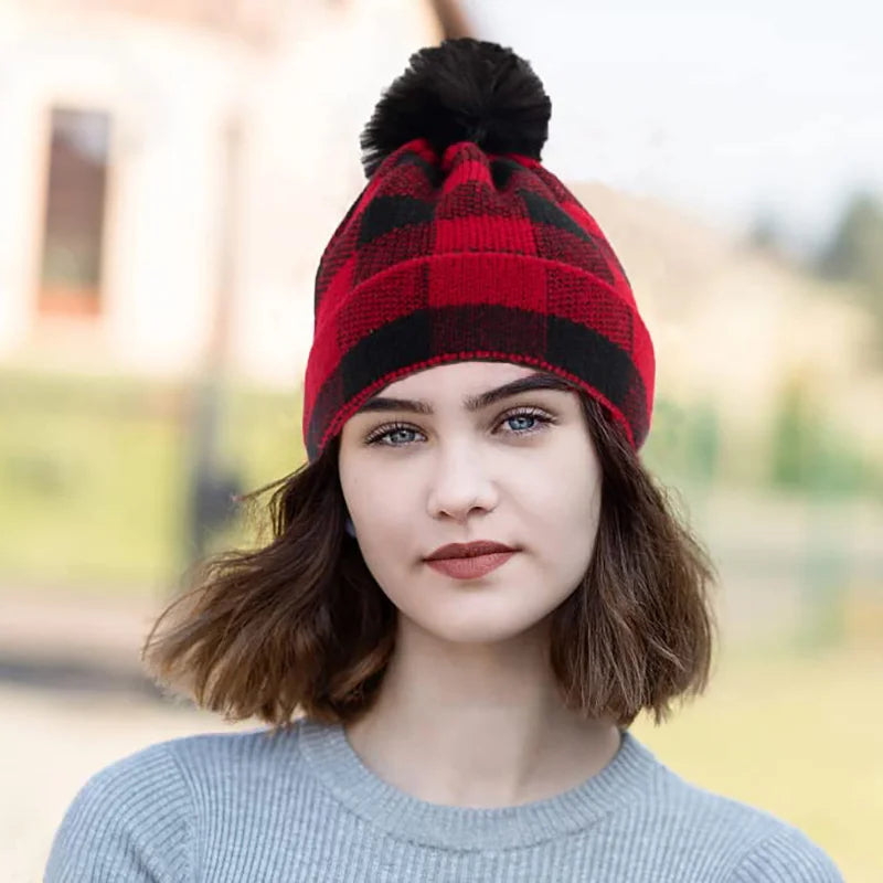 1PC Warm Knit Ear Flap Hat Winter Plaid Red Christmas Cap Lightweight Comfortable Holiday Santa Hat for Men Women Peaceful Pleasures Health and Wellness