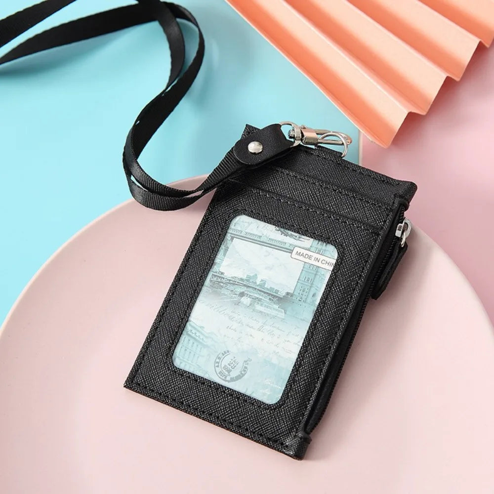 PU Leather Card Badge Holder Coin Purse Zipper Pocket Student Card Bag Work Business Wallet ID Card Holder Bus Bank Card Peaceful Pleasures Health and Wellness Black