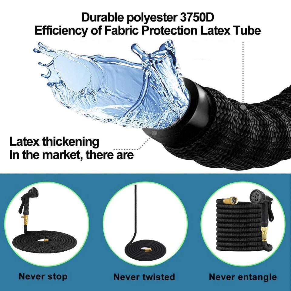 Expandable Garden Hose 25–150ft | No-Kink + 8-Pattern Nozzle
