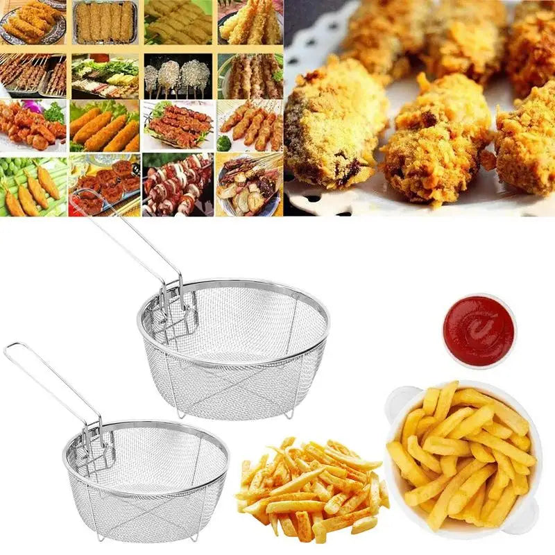 Stainless Steel Deep Fry Basket Round Wire Presentation With Detachable Handle Stainless Steel Drain Basket Fryer Skimmer Peaceful Pleasures Health and Wellness