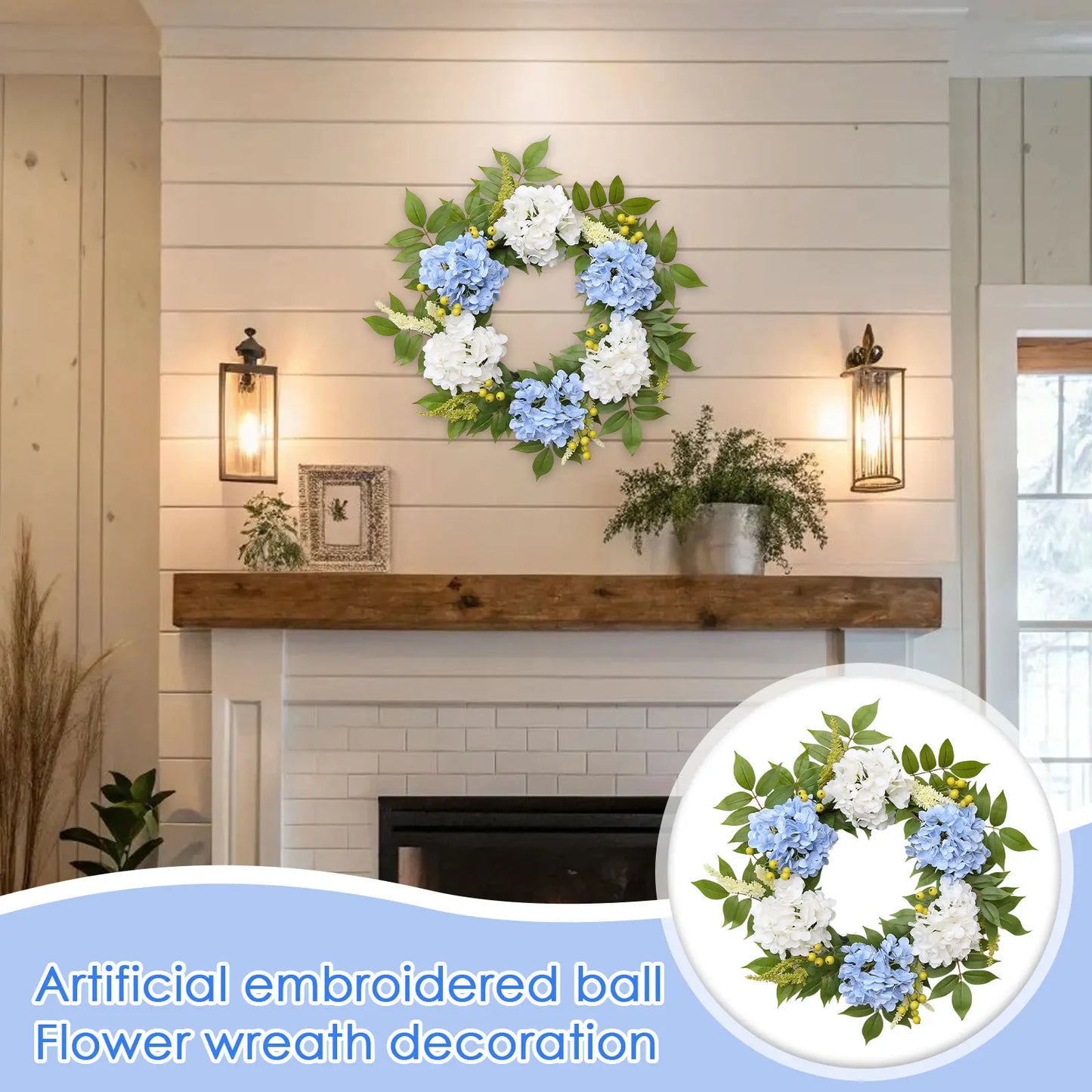 Artificial Hydrangea Wreath – Faux Floral Front Door Decor