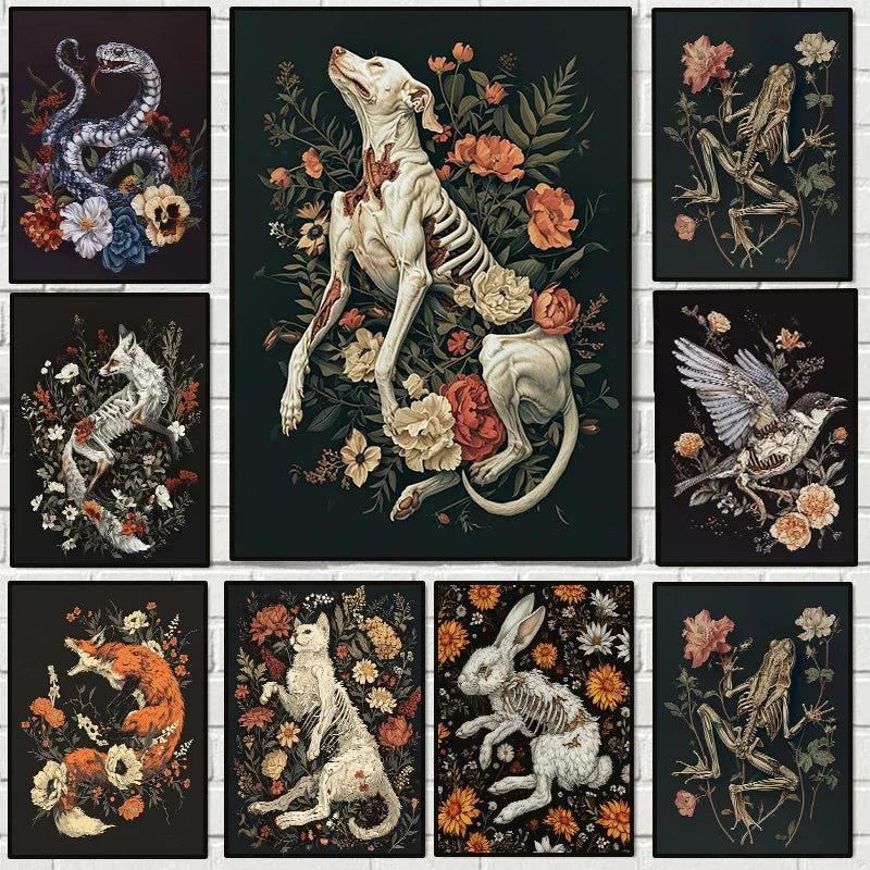 Horrible Floral Skeleton Animal Poster Gothic Bat Owl Rabbit Fox Canvas Painting Occult Wall Art Dark Academia Room Home Decor Peaceful Pleasures Health and Wellness