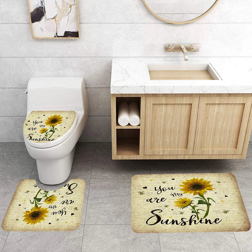 4pcs Set Doormat Shower Curtain with Non-Slip Rugs Toilet Seat Cover Bath Carpet Durable Waterproof Bathroom Home Entrance Decor Peaceful Pleasures Health and Wellness