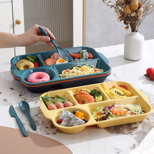 Portable 5 grids Meal Box Food Grade PP Rectangular Divided Lunchbox Separating Plates with knife fork spoon Dinnerware Set Peaceful Pleasures Health and Wellness