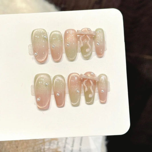 3D Ribbon Bow Press On Nails | Gradient Pink Green Cat's Eye Press On Nails Peaceful Pleasures Health and Wellness