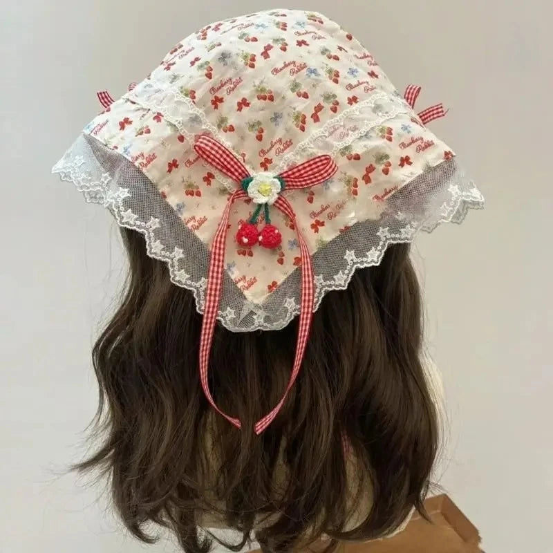 New Lace Red Plaid Heart Ribbon Bandana Pastoral Hair Scrunchie Fairy Fresh Light Luxury Hair Ornaments Female for Daily Outfit Peaceful Pleasures Health and Wellness A