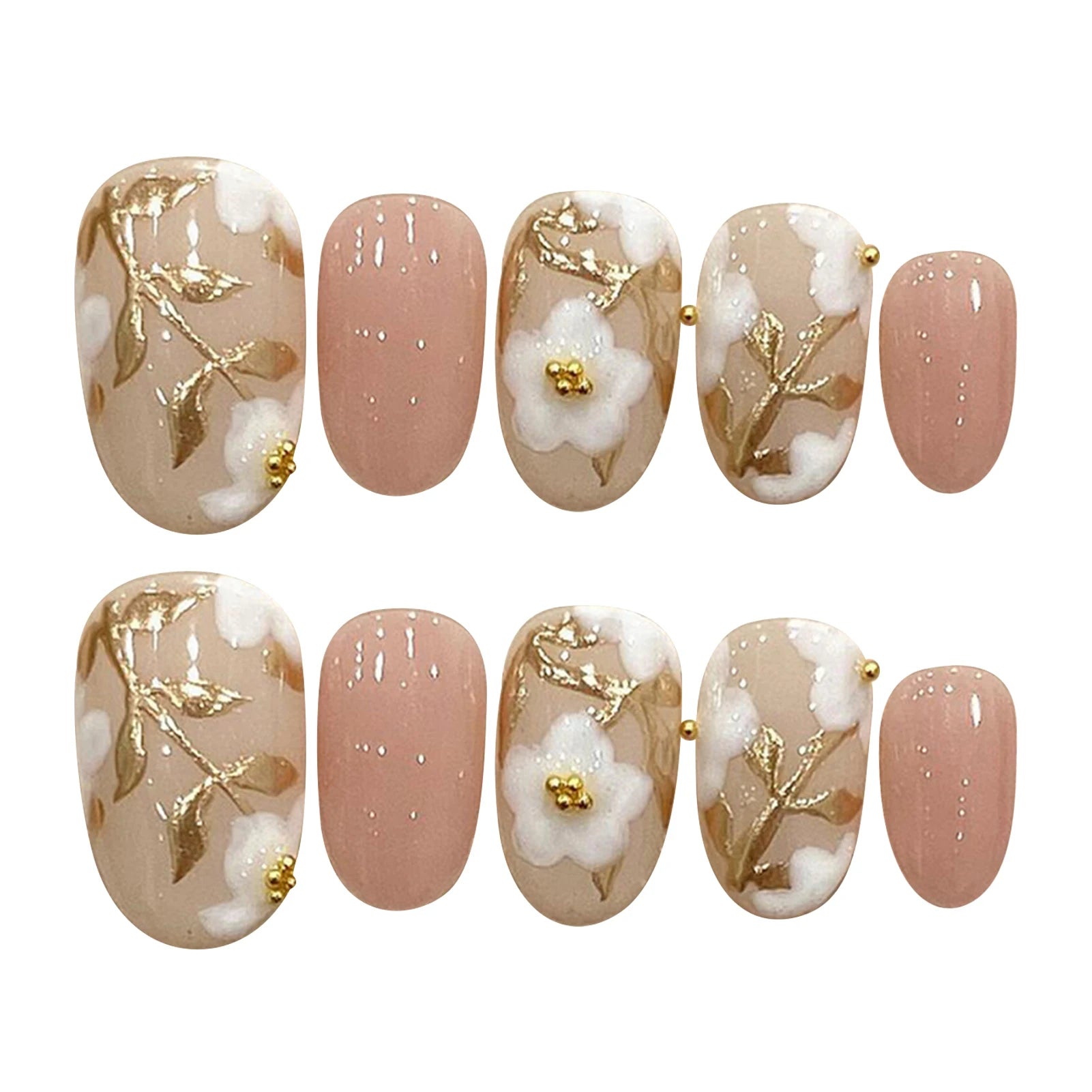 Handmade Press on Nails with White Flowers Glossy Pink Short Round False Nails Sweet Nude Pink Fake Nail Patches Women Wearable Peaceful Pleasures Health and Wellness XS