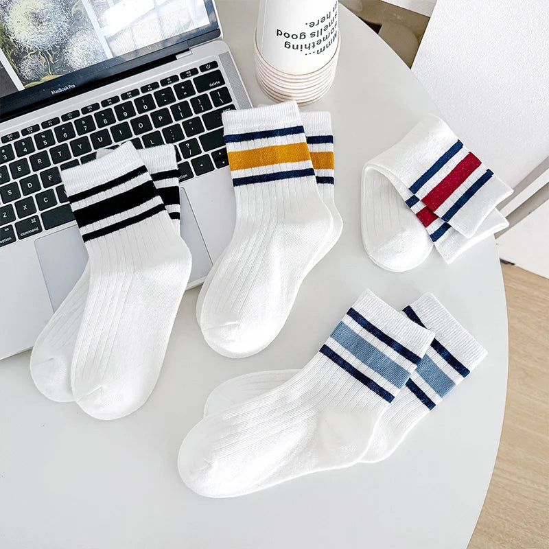 Four pairs of children's socks for spring and autumn, striped versatile style, mid-calf socks with a school style. Peaceful Pleasures Health and Wellness