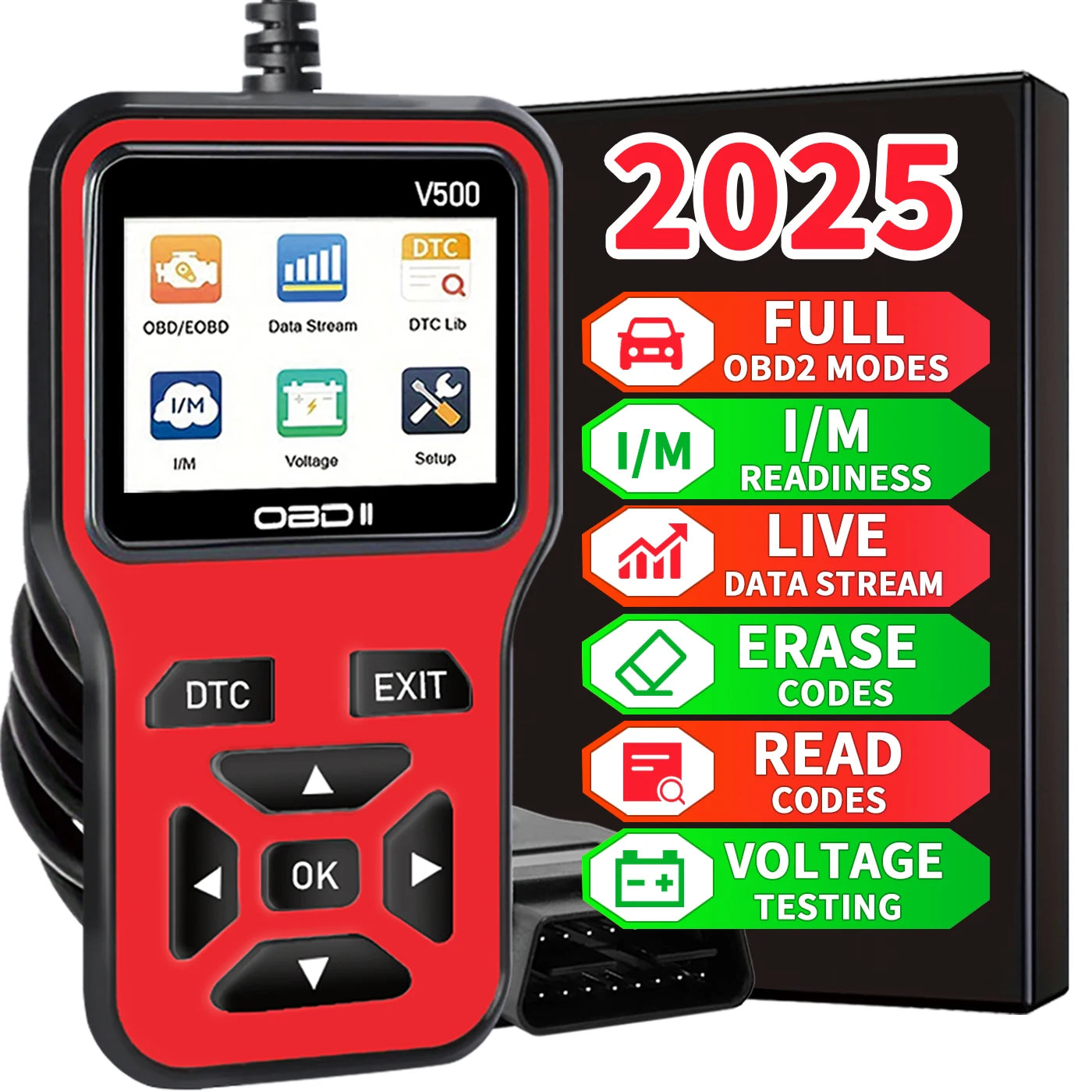 2025's Latest Obd2 Scanner Diagnostic Tool - Complete Engine Code Reader with Data Stream, I/M Readiness, Voltage Test, and Erase Functions, Obd Powered, Compatible with All Vehicles from 1996 Onwards Peaceful Pleasures Health and Wellness Red