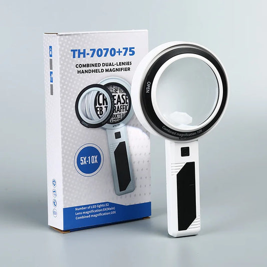 Double Layer Lens Multi Lamp Magnifying Glass for Elderly Reading, Handheld Illumination, High-Power Magnifying Glass Peaceful Pleasures Health and Wellness Battery version 70 65