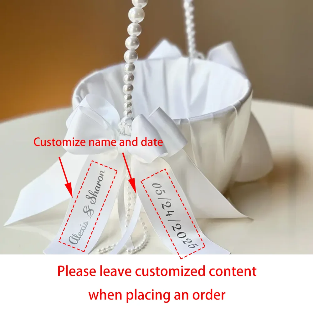 Custom Flower Girl Basket | Pearl Handle & Bow Ribbon Wedding Wedding Flower Basket Peaceful Pleasures Health and Wellness custom Basket 1pcs 23x13cm