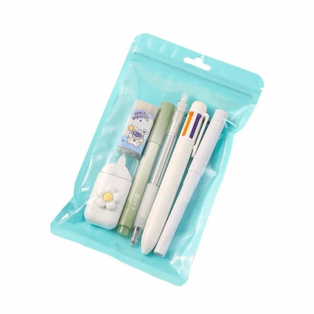 6Pcs/Set Cartoon School Stationery Set 6 Color Pens Large Capacity Student Tools Gift Kit Book Marker Pen Cartoon Stationery Set Peaceful Pleasures Health and Wellness White