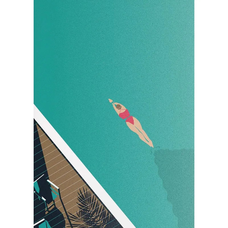 Retro Abstract Summer Swimming Pool Diver Beach Surfing Poster and Printed Canvas Painting Wall Art Pictures Home Bedroom Decor Peaceful Pleasures Health and Wellness 10 40x60cm Unframed