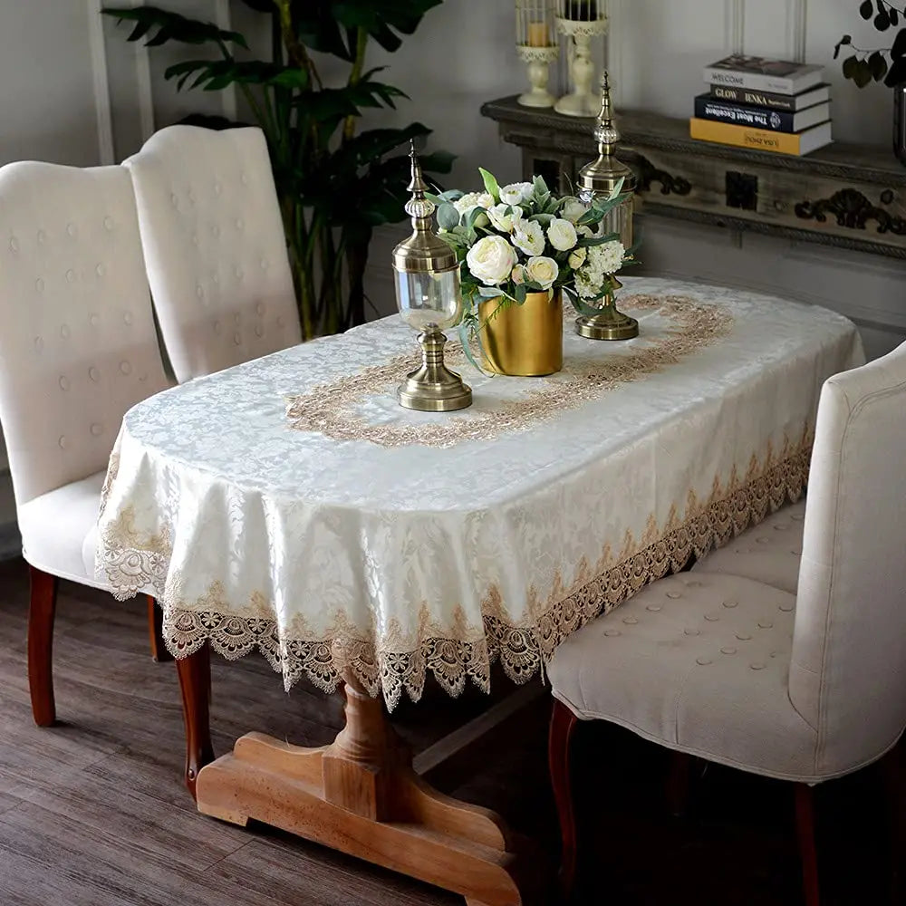 Battilo Oval Macrame Embroidered Lace Tablecloth | Floral Cover