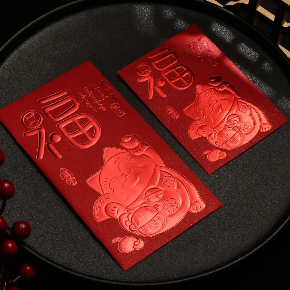 6pcs 3D Chinese New Year Red Envelope Hot Stamping Solid Red Packet Blessings Printing Thickened Lucky Money Bag Wedding Peaceful Pleasures Health and Wellness S-Style H