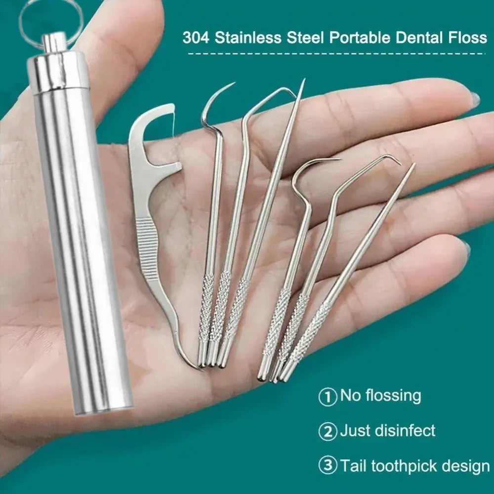 7-Piece Reusable Stainless Steel Toothpick Set with Keychain