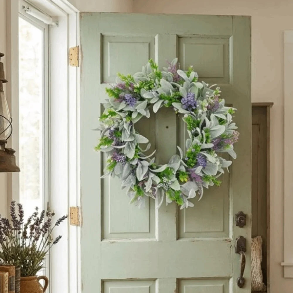 Flocked Lambs Ear Lavender Wreath | Artificial Spring Door Wreath