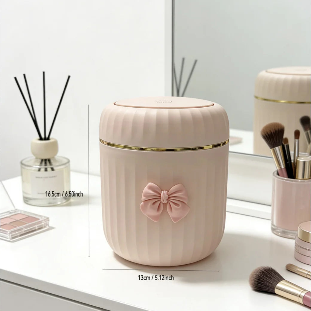 Mini Desktop Trash Can with Lid & Bow Decor | Press-Open Bin