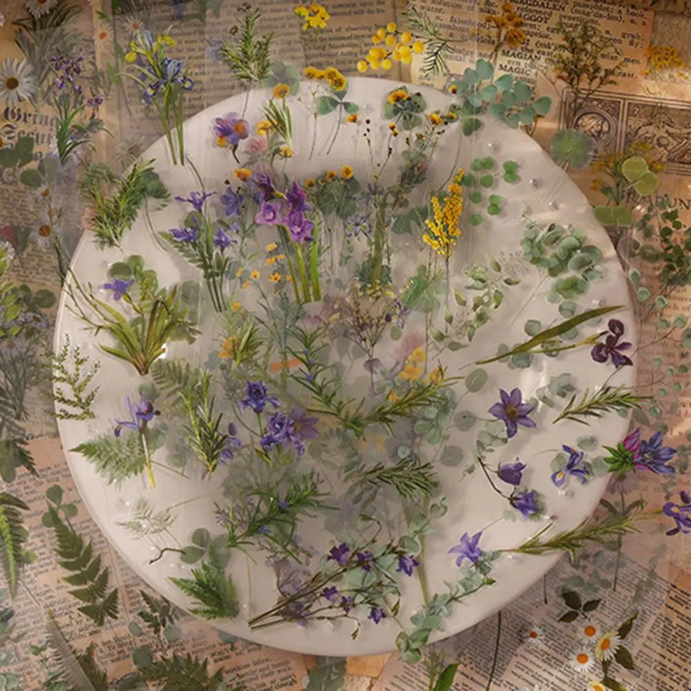 6 pcs/pack Nature PVC Plant Flower Sticker Vintage DIY sticker Scrapbook Stickers Adhesive Clear PET Transparent Flower Stickers Peaceful Pleasures Health and Wellness