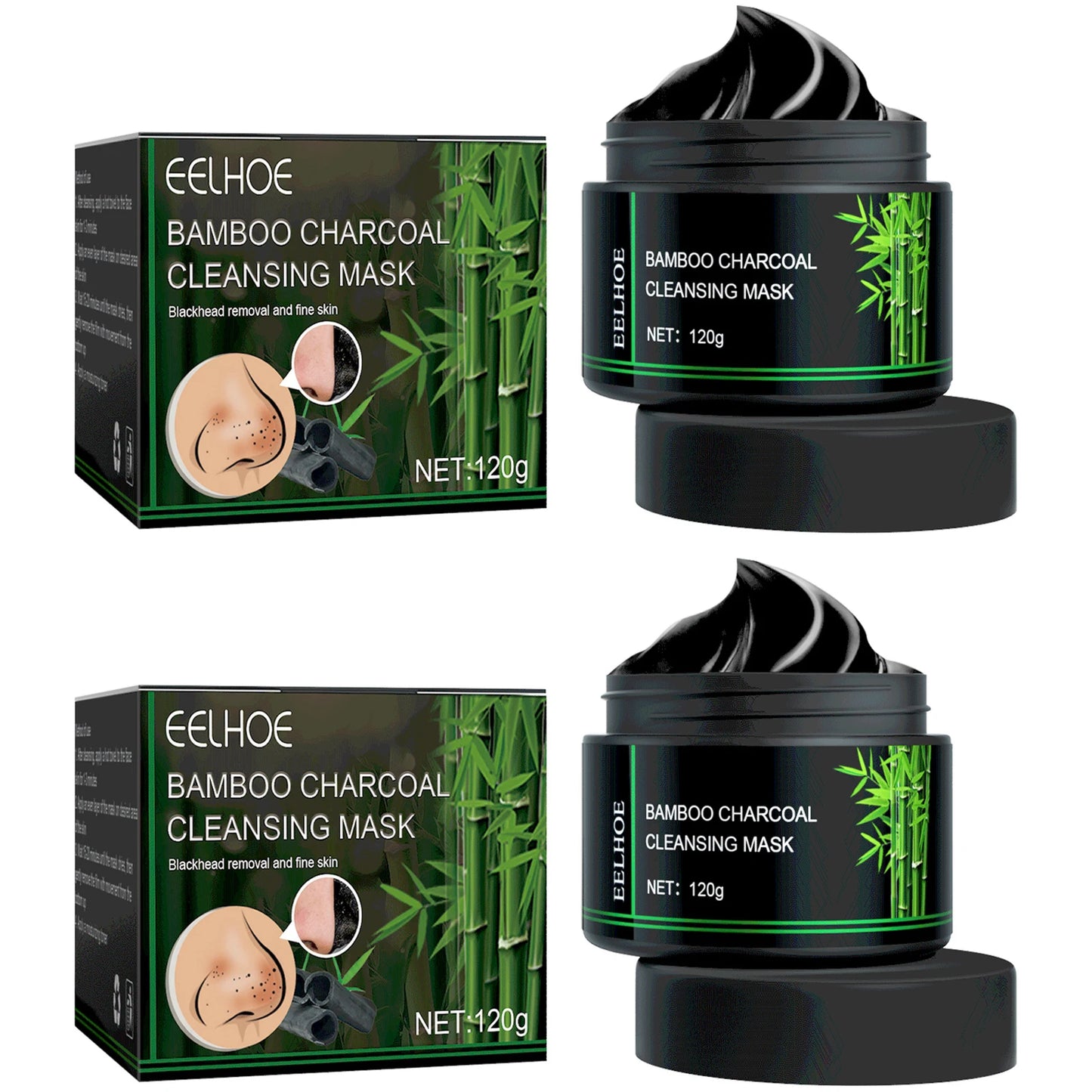 EELHOE Bamboo Charcoal Tear-Off Mask Deeply Remove Blackheads Cleaning Shrinking Pores Moisturizing Carbon Black Mud Facial Mask Peaceful Pleasures Health and Wellness 2 x 120g Boxed