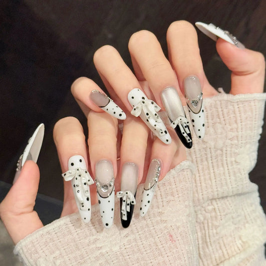 10pcs Retro Press On Nails – Black White Polka Dot French Bow Press-On Nails Peaceful Pleasures Health and Wellness L