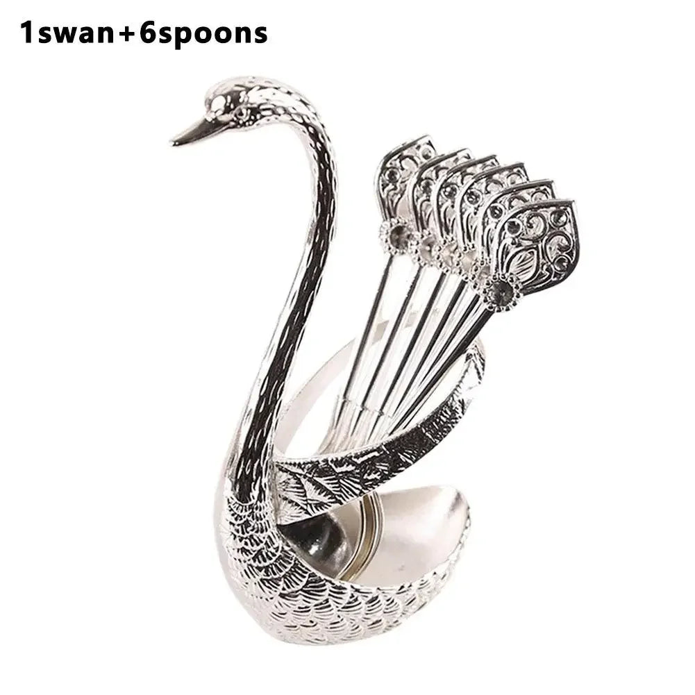 Stainless Steel Creative Dinnerware Set Decorative Swan Base Holder With 6 Spoons For Coffee Tea Cake Dessert Kitchen Supplies Peaceful Pleasures Health and Wellness Silvery