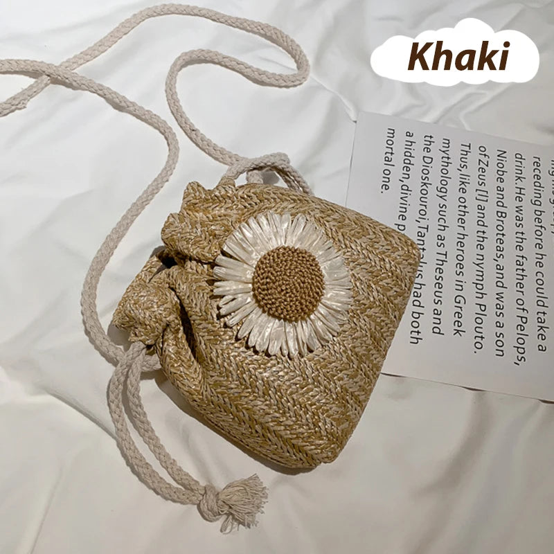 Rattan Straw Woven Crossbody Bucket Bag | Flower Shoulder Bag