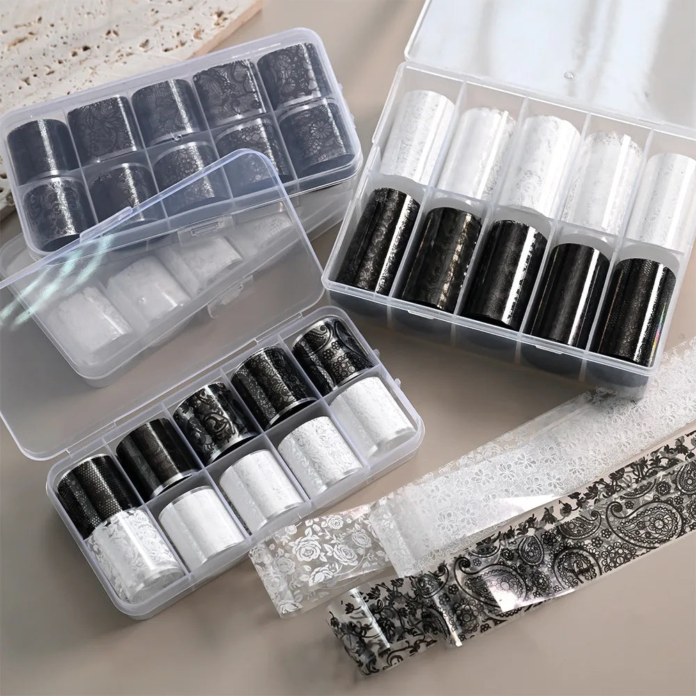 10 Rolls Lace Nail Art Foils | Black & White Self-Adhesive Stickers