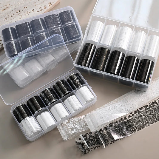 10 Rolls Lace Nail Art Foils | Black & White Self-Adhesive Stickers Nail Art Foils Peaceful Pleasures Health and Wellness