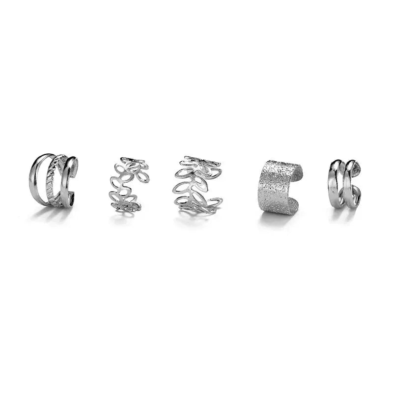5-Piece Silver Leaf Clip Ear Cuffs | Non-Piercing Earring Set