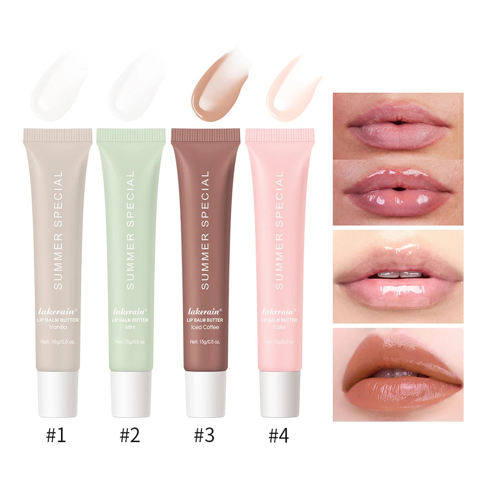 Summer Lip Balm Moisturizing Mirror Lip Gloss Lip Vanilla Mint Iced Coffee Cake Smell Lipstick Transparent Lip Oil Makeup Peaceful Pleasures Health and Wellness 4pcs1set