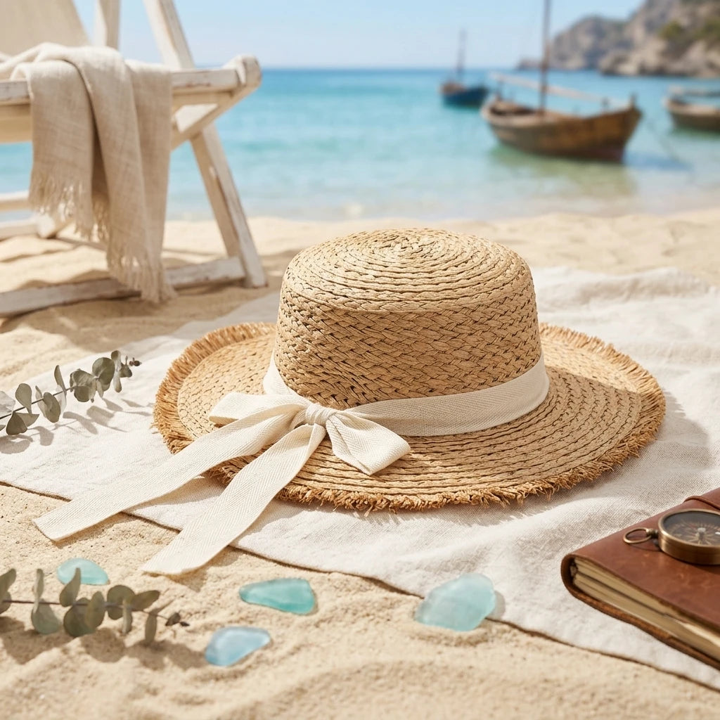Women's Wide Brim Raffia Straw Sun Hat with Bow | Beach Hat
